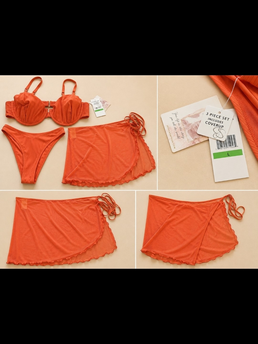 Jessica Simpson 3-Piece Ribbed Bikini Set with Sheer Cover-Up Skirt | Coral Oran
